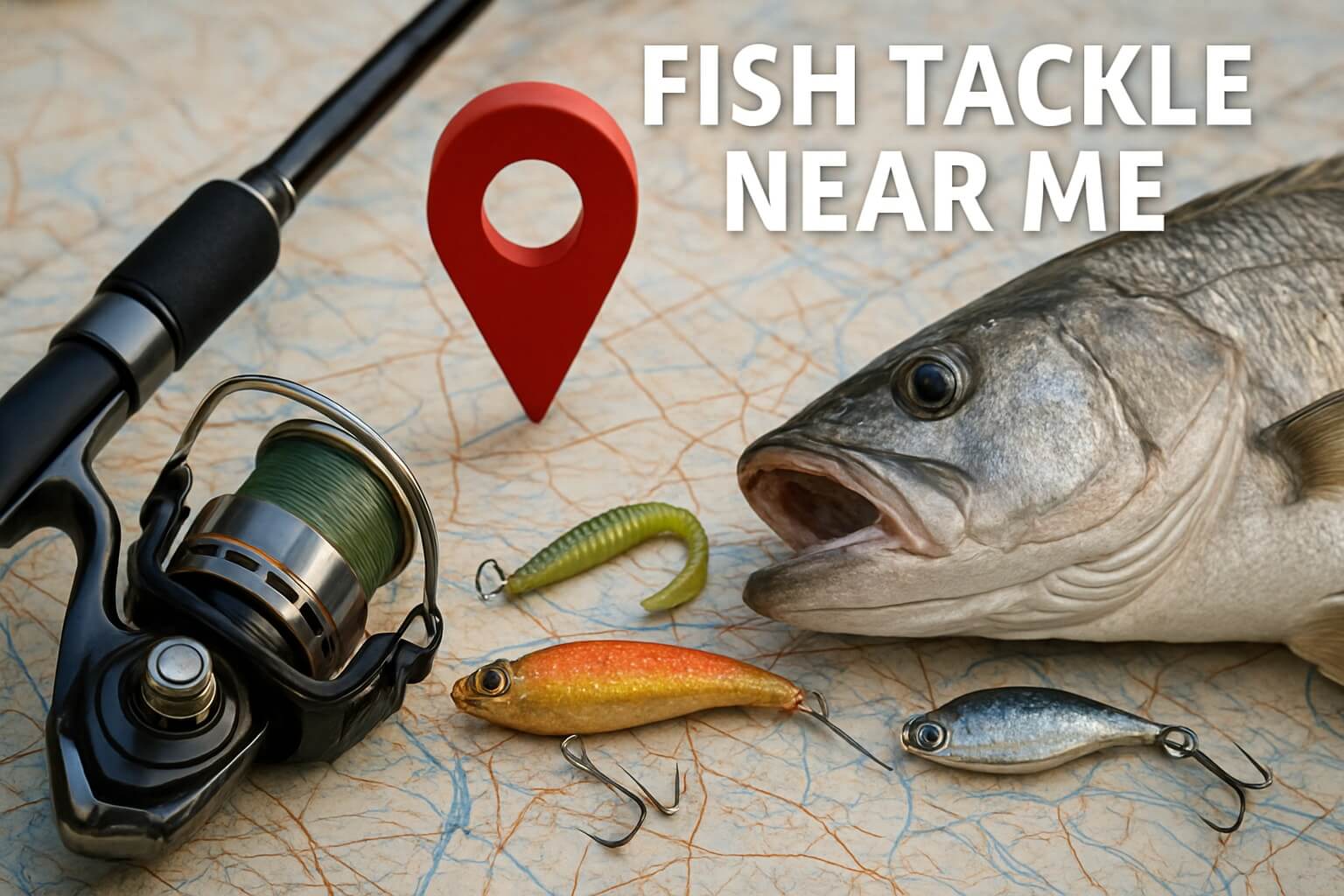 7 Best Fish Tackle Near Me Finds for Anglers in 2026 with fishing gear and fish on a map background.