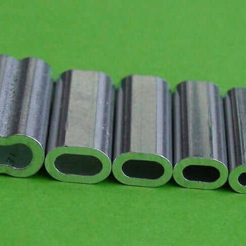 Fishing with 1.7mm x 1000 Alum Single Sleeve Crimps shown in various sizes on a green background.