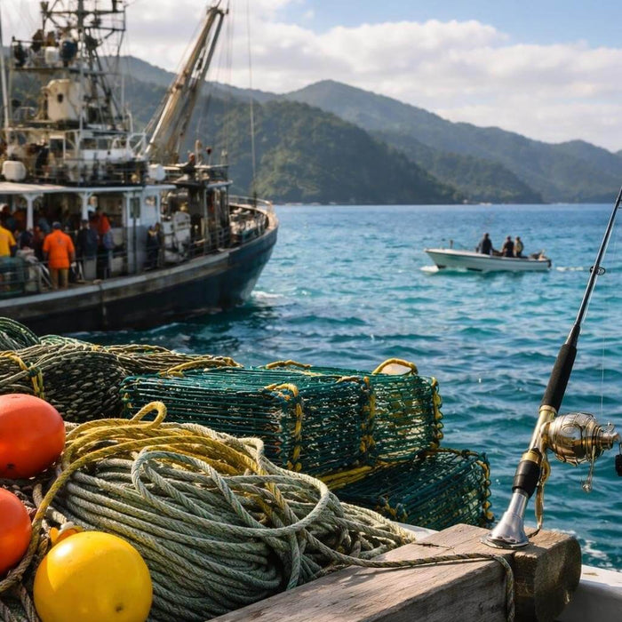 Fishing Gear New Zealand Quality Equipment Guide 2026 with fishing nets and equipment on a boat.