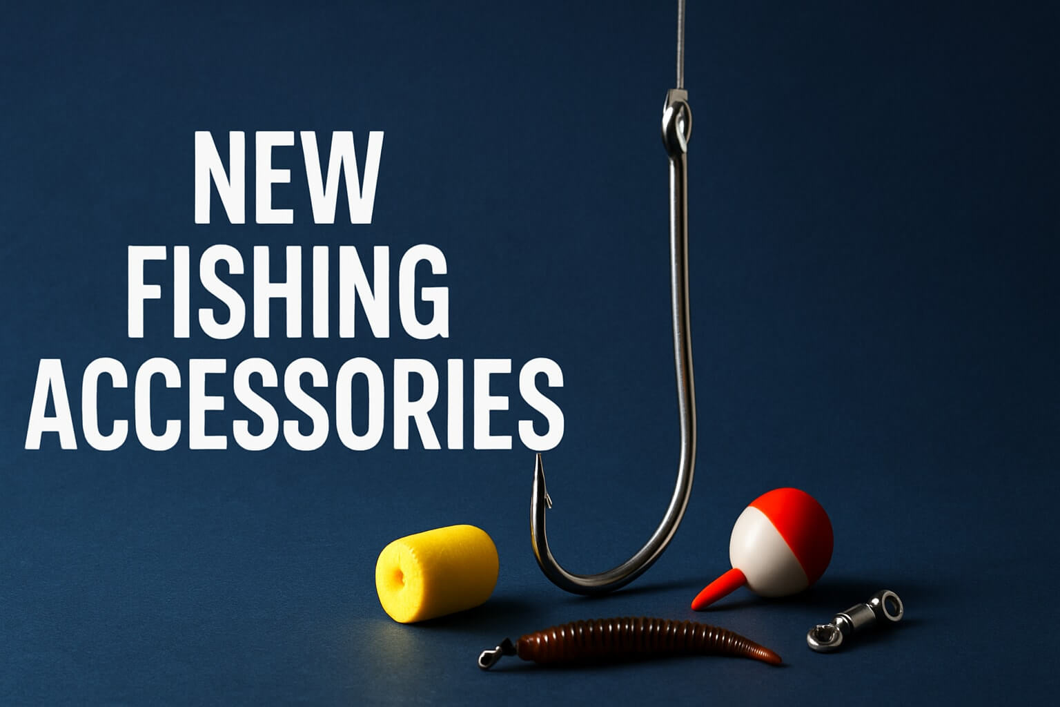 9 Essential New Fishing Accessories Every Angler Needs displayed with a hook and various fishing gear.