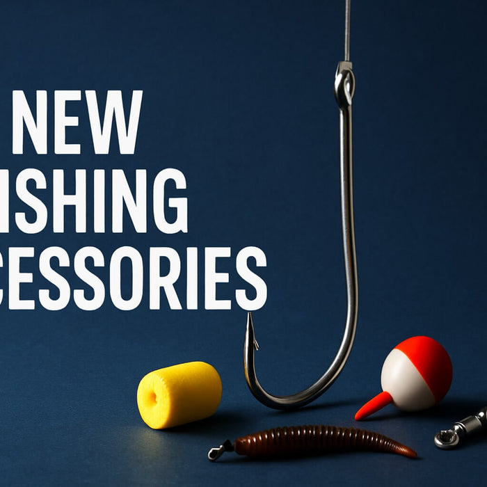 9 Essential New Fishing Accessories Every Angler Needs displayed with a hook and various fishing gear.