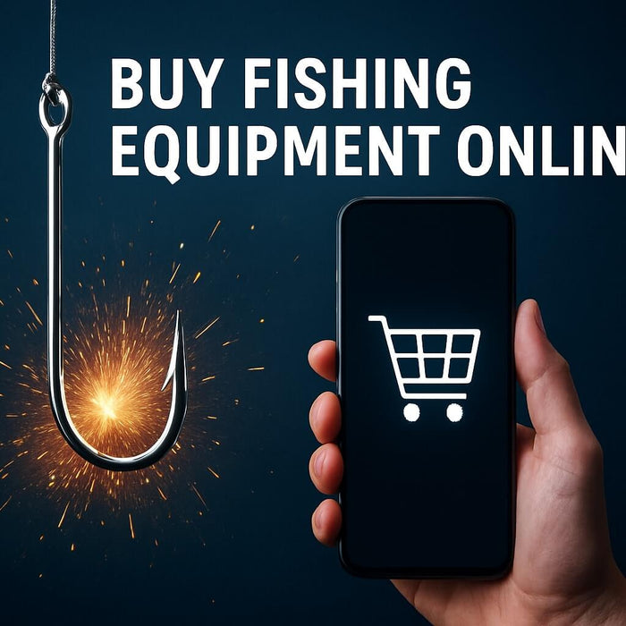 The Expert Guide to Buy Fishing Equipment Online 2026: Shopping mobile phone and fishing hook image.