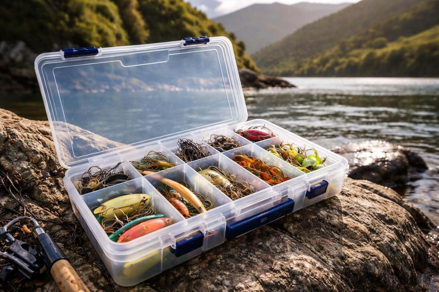 Complete Guide to Tackle Boxes NZ Selection & Features - Tackle box with lures by the water.