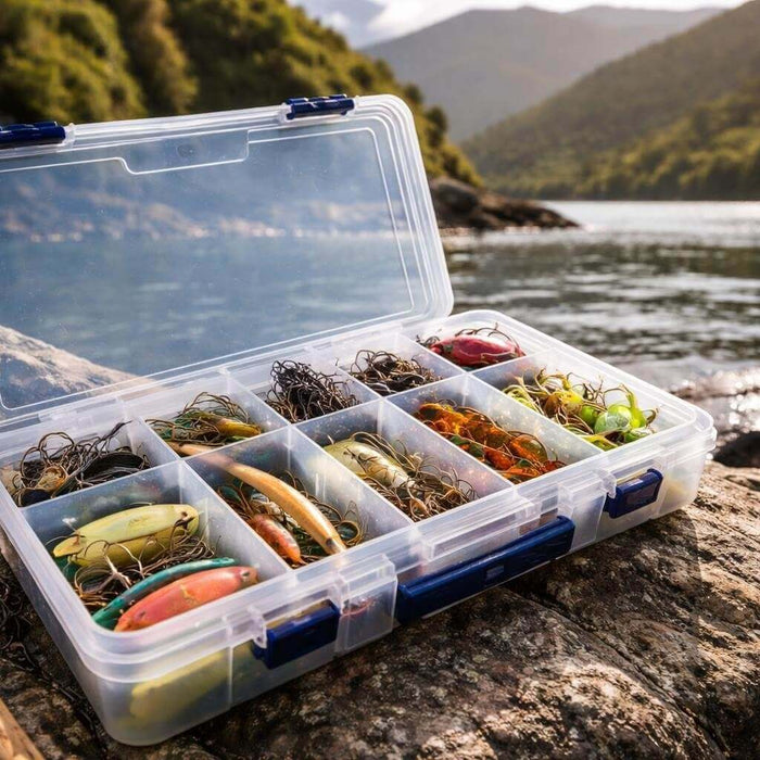 Complete Guide to Tackle Boxes NZ Selection & Features - Tackle box with lures by the water.