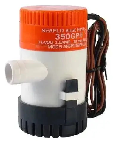 Water Pumps NZ: Seaflo 350 GPH Bilge Pump with 12-Volt power and electrical connections.