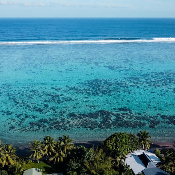 Aerial view of turquoise ocean with reef and palm trees, perfect for highlighting marine environments.