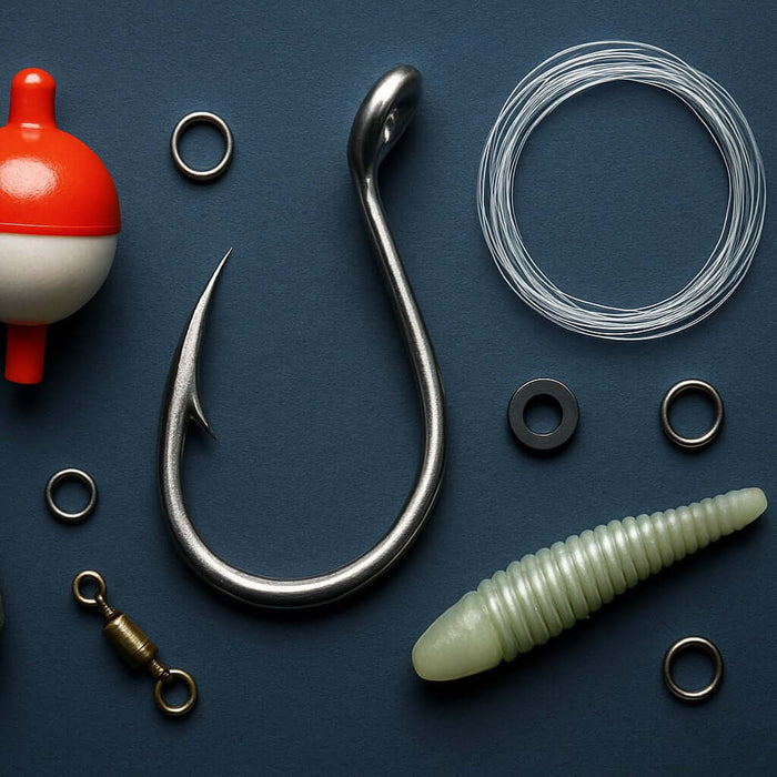 Top 10 Essential Fishing Parts for Every Angler in 2026 including hooks, floats, and lines on a dark background.