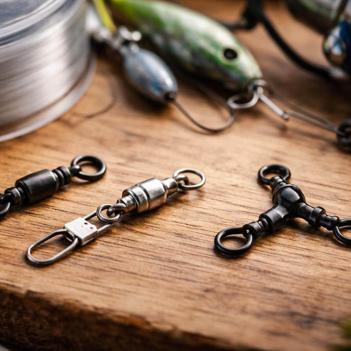 Fishing Swivels NZ Complete Guide for 2026 image showing various fishing swivels on a wooden table.