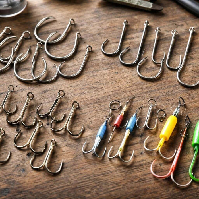 Fishing Hooks NZ Complete Guide for Commercial & Sport - a variety of fishing hooks laid out on a wooden surface.