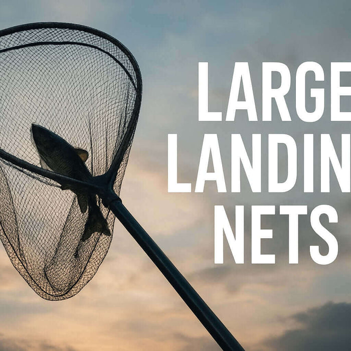 Essential Large Landing Nets for Every Angler in 2026 showing a fish in a large landing net against a cloudy sky.