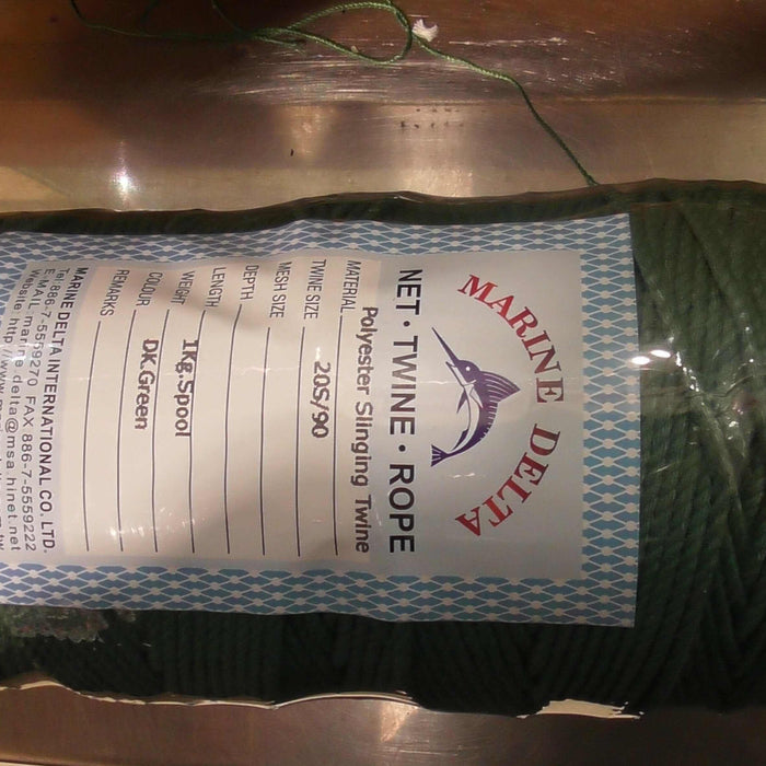 90ply x 1kg Spool Long Line Twine Dark Green with label showing specifications and usage.