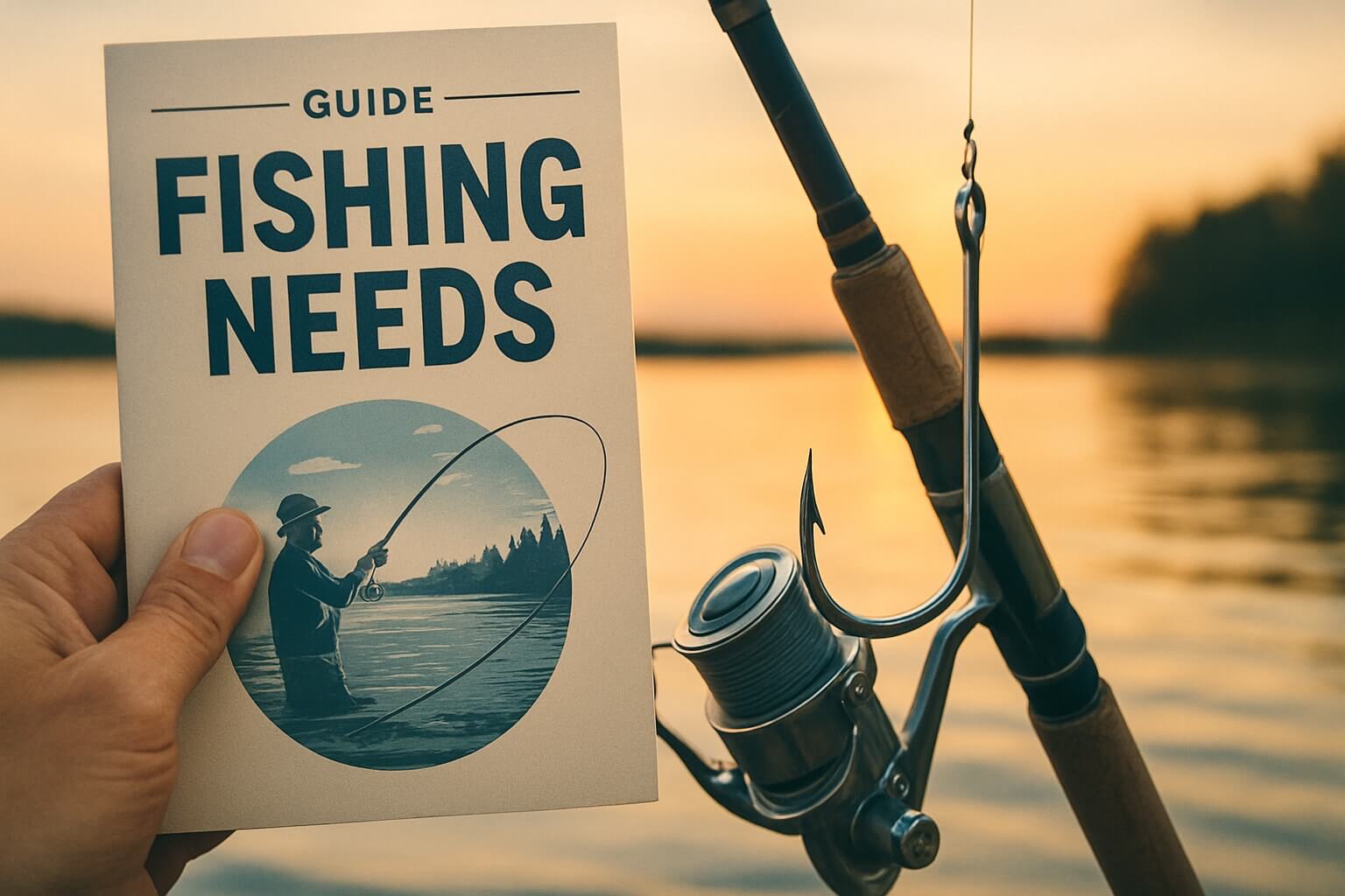 A person holding the book titled Fishing Needs Guide Your Essential Handbook for 2026 while fishing at sunset.