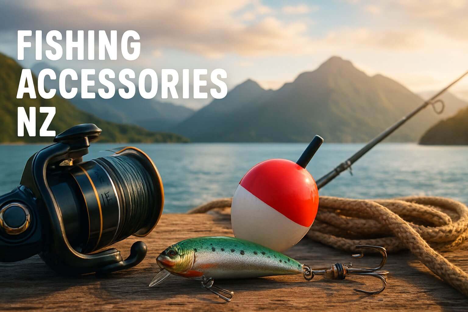 Essential Fishing Accessories NZ Anglers Need in 2026 including a fishing reel, bobber and lure by the lake.
