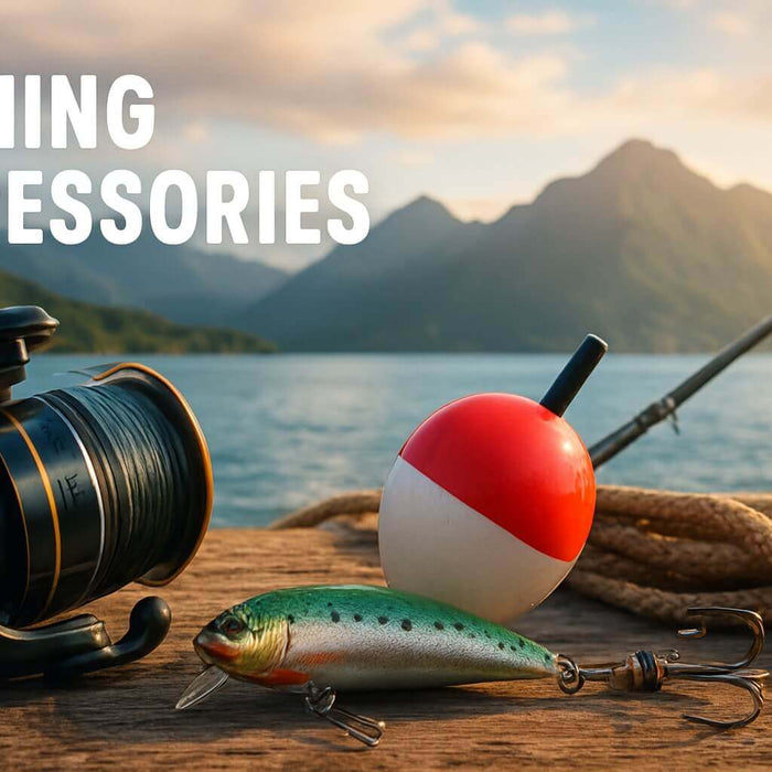 Essential Fishing Accessories NZ Anglers Need in 2026 including a fishing reel, bobber and lure by the lake.