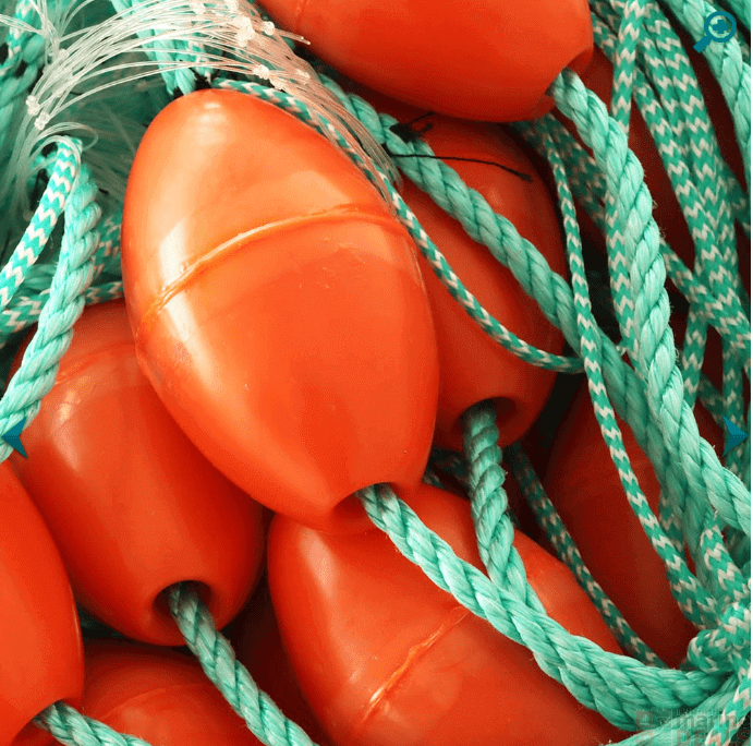 Floating Fishing Gear Guide: vibrant orange buoys with teal ropes for fishing success.