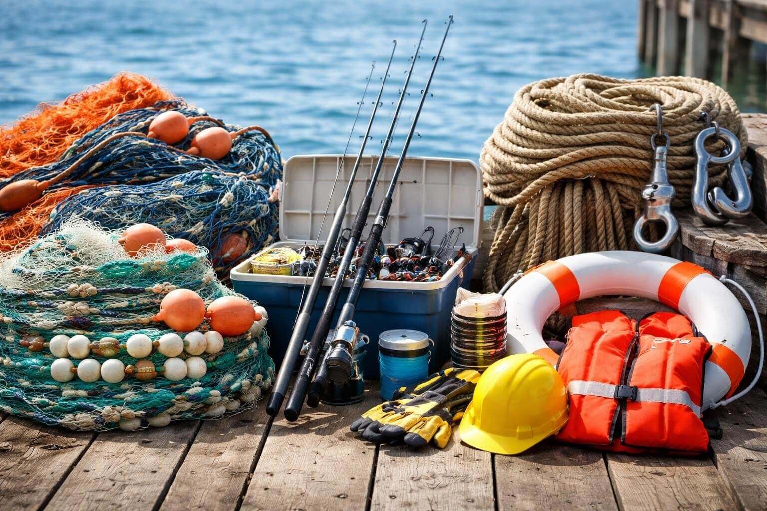 Popular Fishing Gear Essential Equipment for Every Angler displayed on a dock with nets, fishing rods, and safety gear.