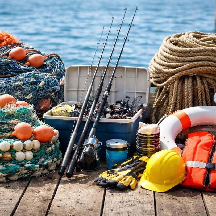 Popular Fishing Gear Essential Equipment for Every Angler displayed on a dock with nets, fishing rods, and safety gear.