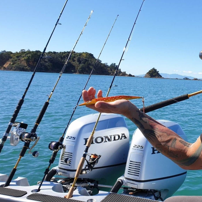 Person holding a fish while fishing on a boat with Honda motors in a scenic water setting - New Week New Stock