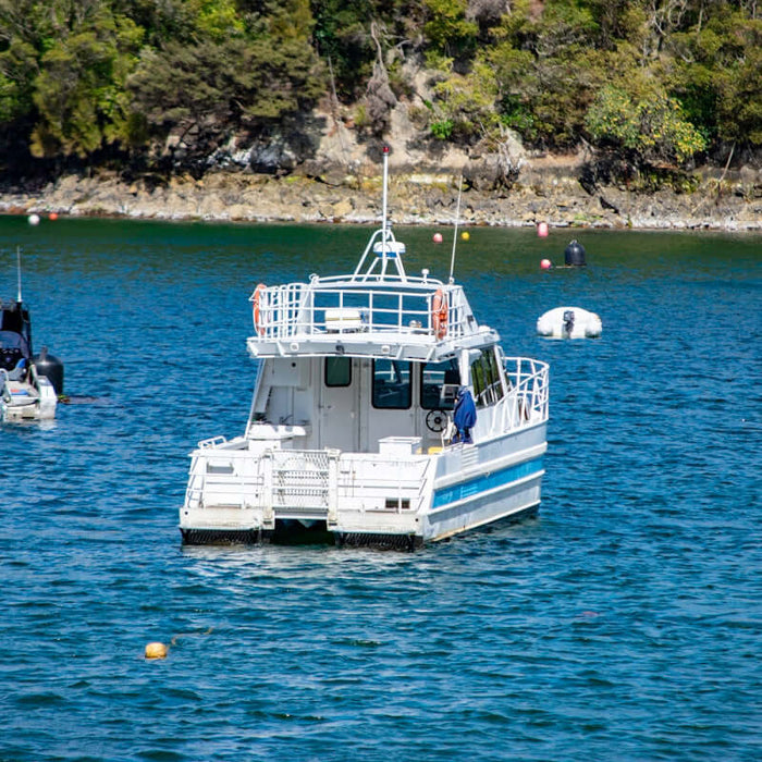 NZ Made Heavy Duty Flounder Beach Drag Nets in action on a sunny day with boats in the water.