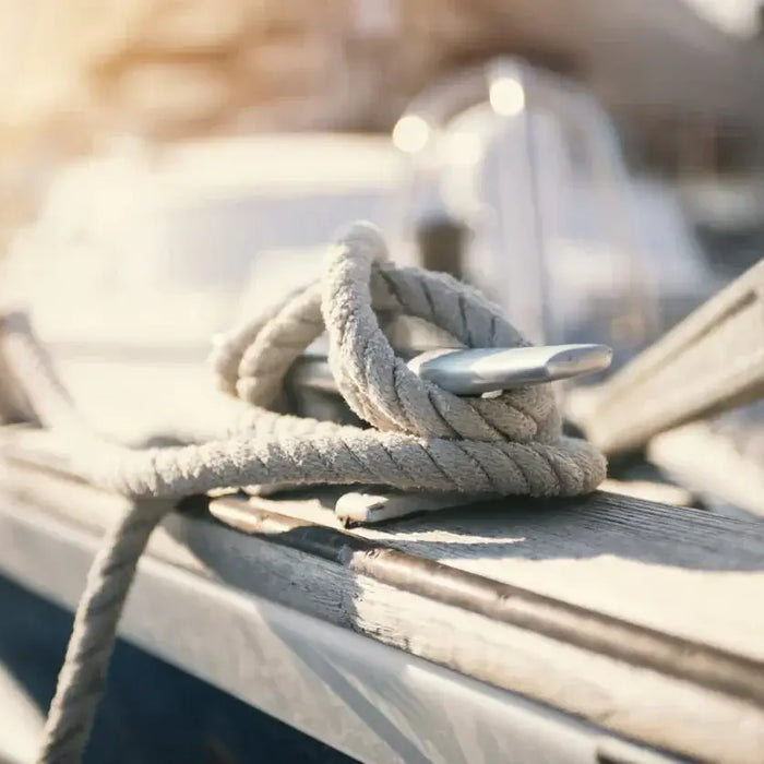 Marine Supplies Auckland & Nationwide - close-up of a rope tied on a boat with sunlight in the background.