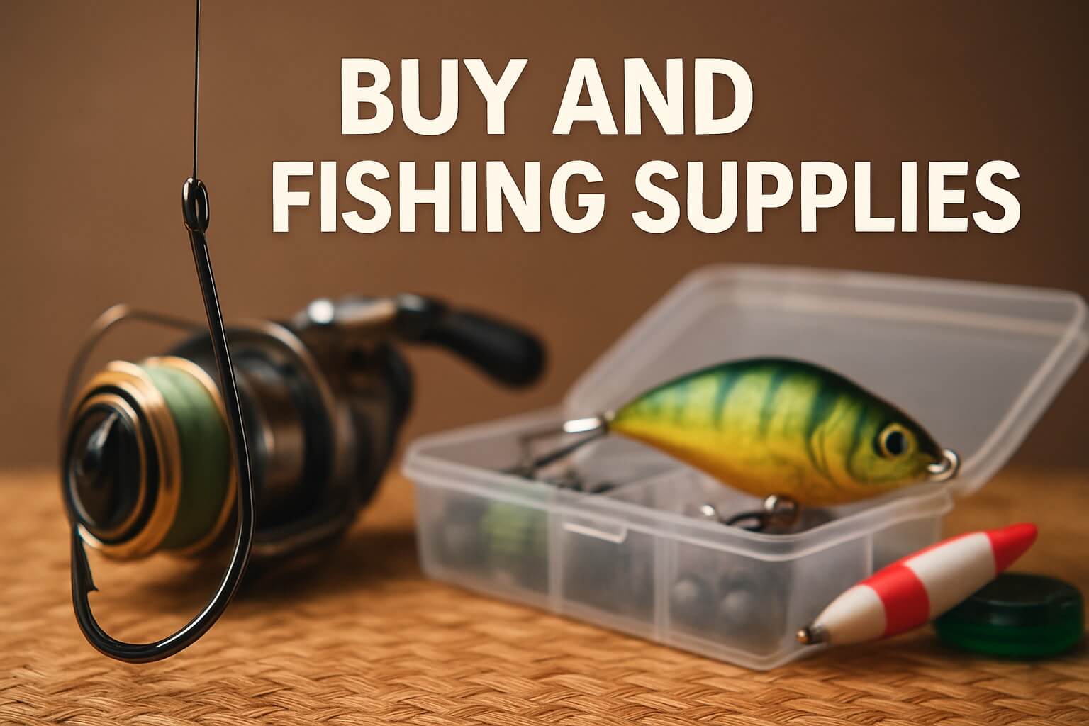Buy Fishing Supplies Guide featuring fishing gear and tackle box.