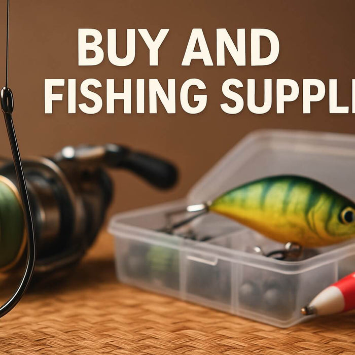 Buy Fishing Supplies Guide featuring fishing gear and tackle box.