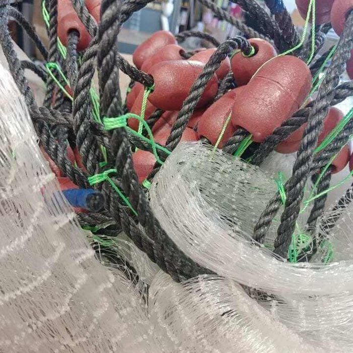 AFP-8 30m Mono Piper Bait Net 25mm with colorful floats and braided lines in a box.