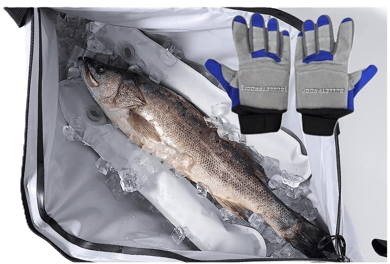 Gear Up with Our Latest High-Performance Equipment featuring gloves and a fresh fish on ice.