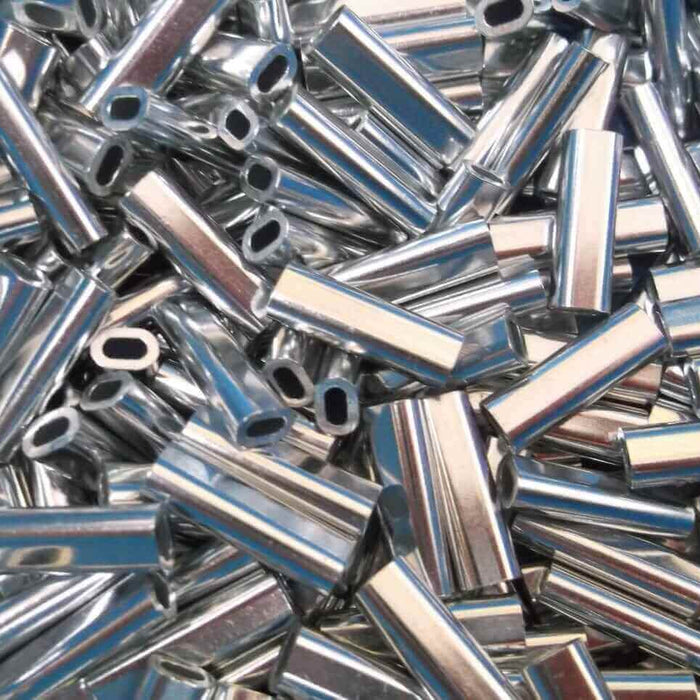 2mm Alli Crimps Size E for 1.8mm Nylon, metallic crimp tubes stacked together.