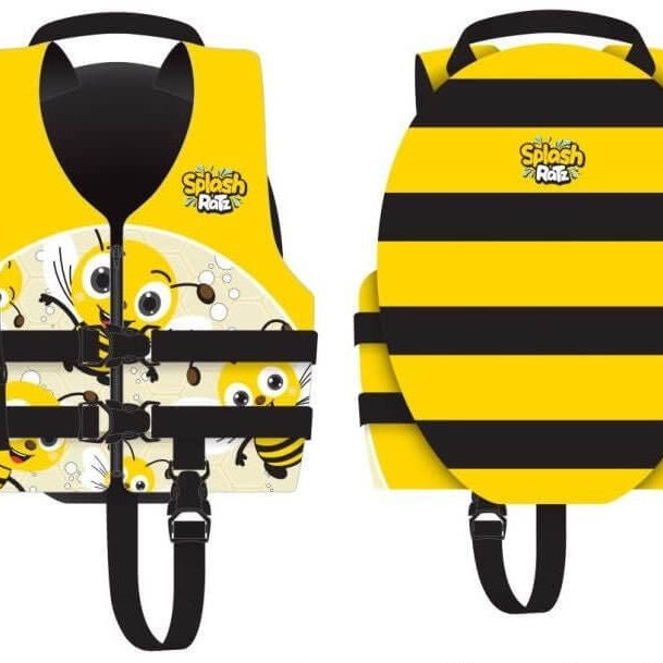 Child life jackets featuring a fun bee design for safety and style during water activities.