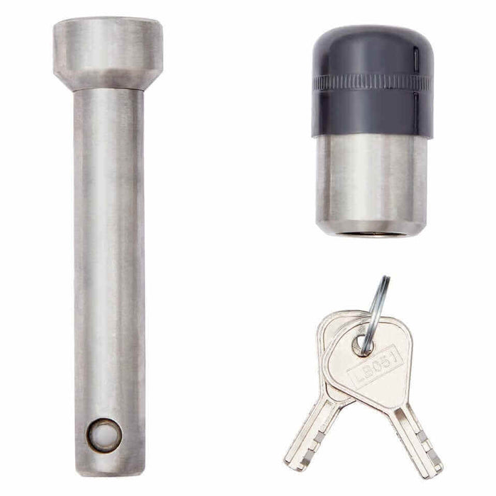 Trojan Locking Stainless Steel Hitch Pin components including pin, lock cover, and keys.