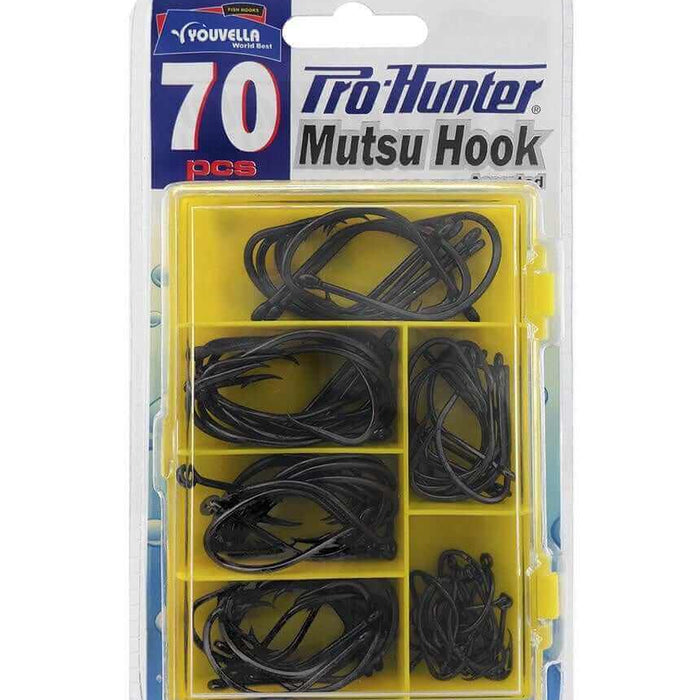 Pro Hunter Mutsu Hook Pack 70 Assorted Pieces displaying assorted fishing hooks in a storage box.
