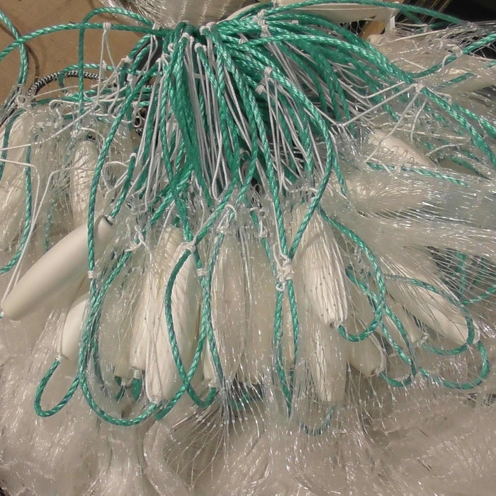 3 Inch Heavy Duty Mullet Net 36MD displayed with green and white colors, ready for fishing.