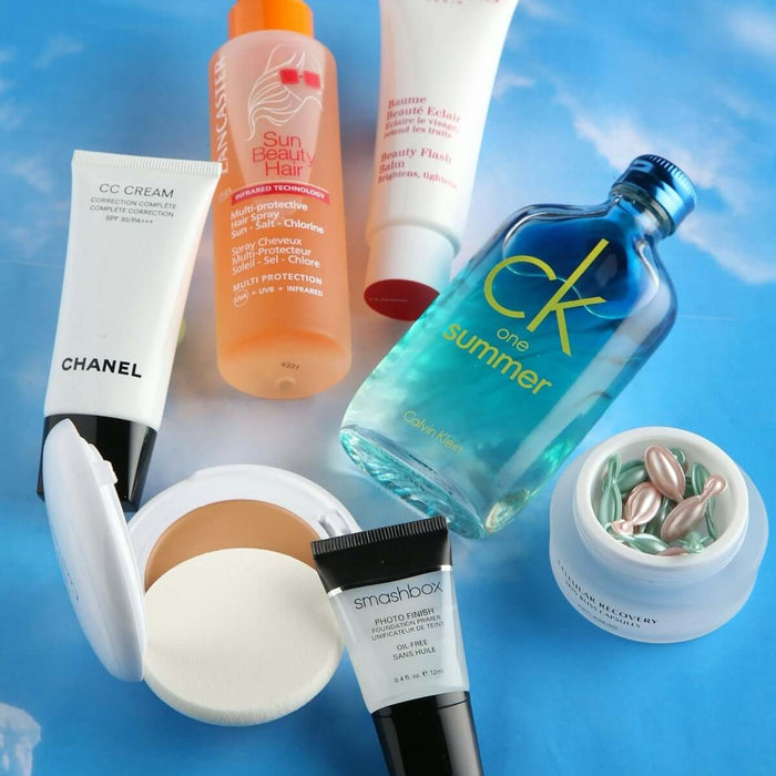 Various skincare and beauty products displayed on a blue background with clouds, highlighting maintenance issues with CRC solutions.