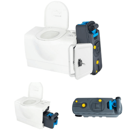 RV Toilets This Labour Day Freucamp Swivel Cassette Toilet with detachable cassette for easy waste disposal.
