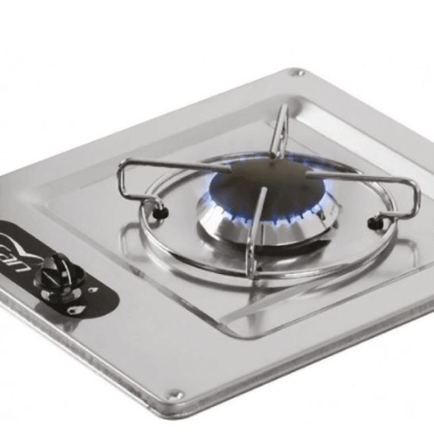 CAN Single Burner Hob Stainless Steel with blue flame and control knob, ideal for cooking.