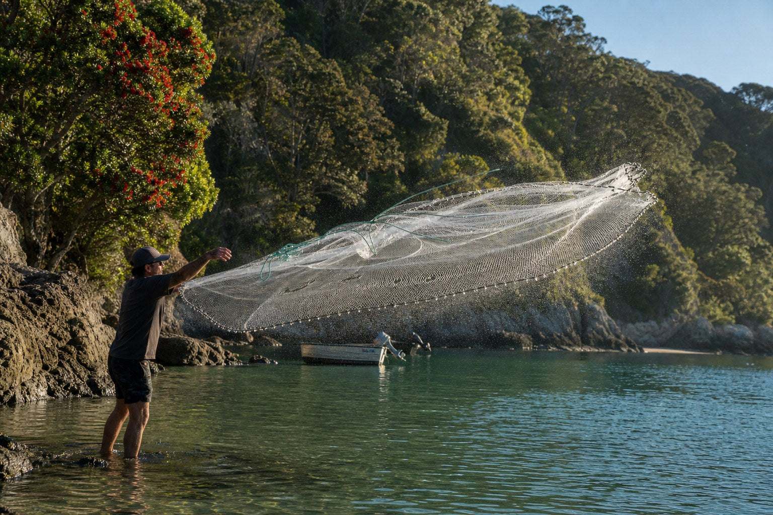 Angler throwing a 1 inch mesh cast net for bait in a sheltered northern New Zealand bay