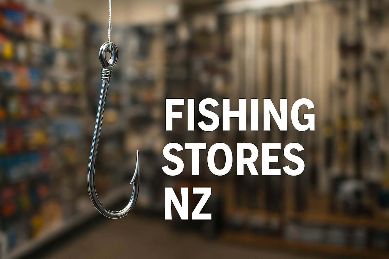 Fishing hook with text 'FISHING STORES NZ' in a fishing store setting, representing essential fishing stores NZ.