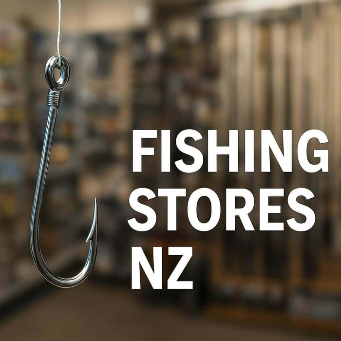 Fishing hook with text 'FISHING STORES NZ' in a fishing store setting, representing essential fishing stores NZ.