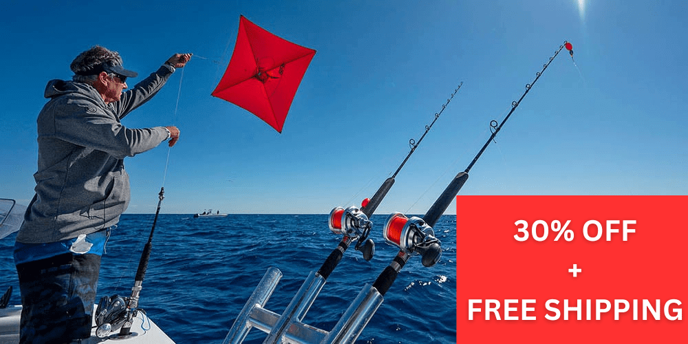 Person flying a kite while fishing, promoting Kite-Drone Longline Specials with 30% off and free shipping.