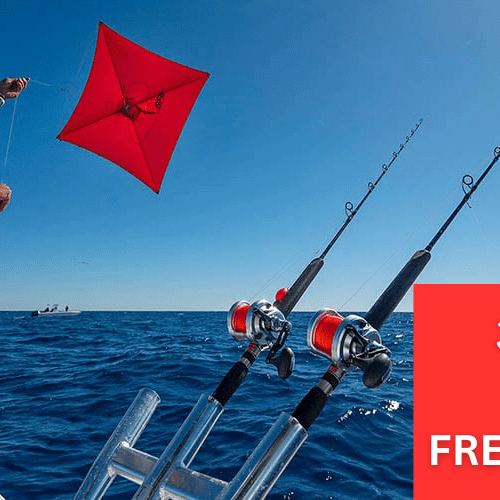 Person flying a kite while fishing, promoting Kite-Drone Longline Specials with 30% off and free shipping.