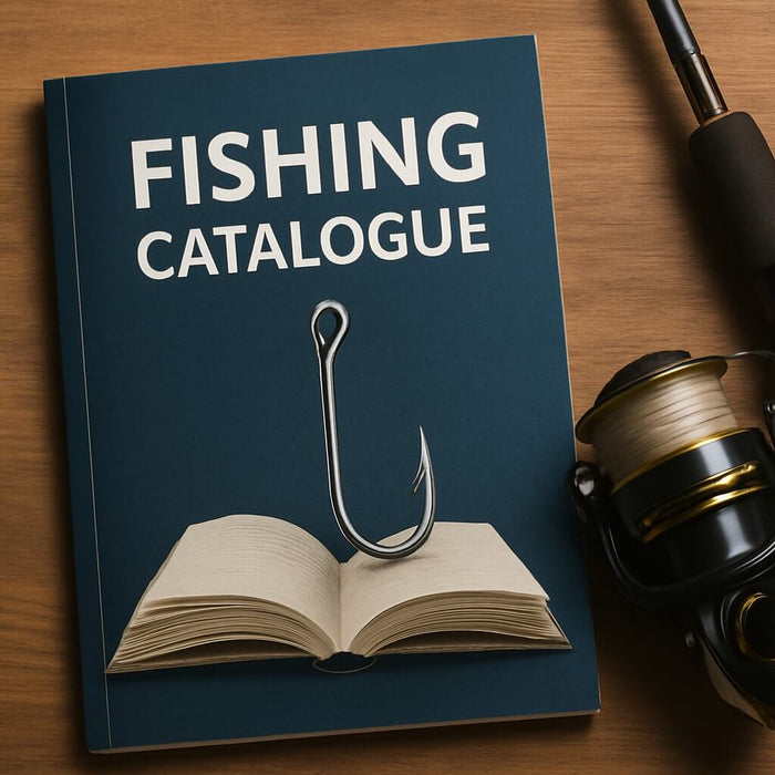 Fishing Catalogue Guide cover featuring a fishing hook and rod on a wooden table.
