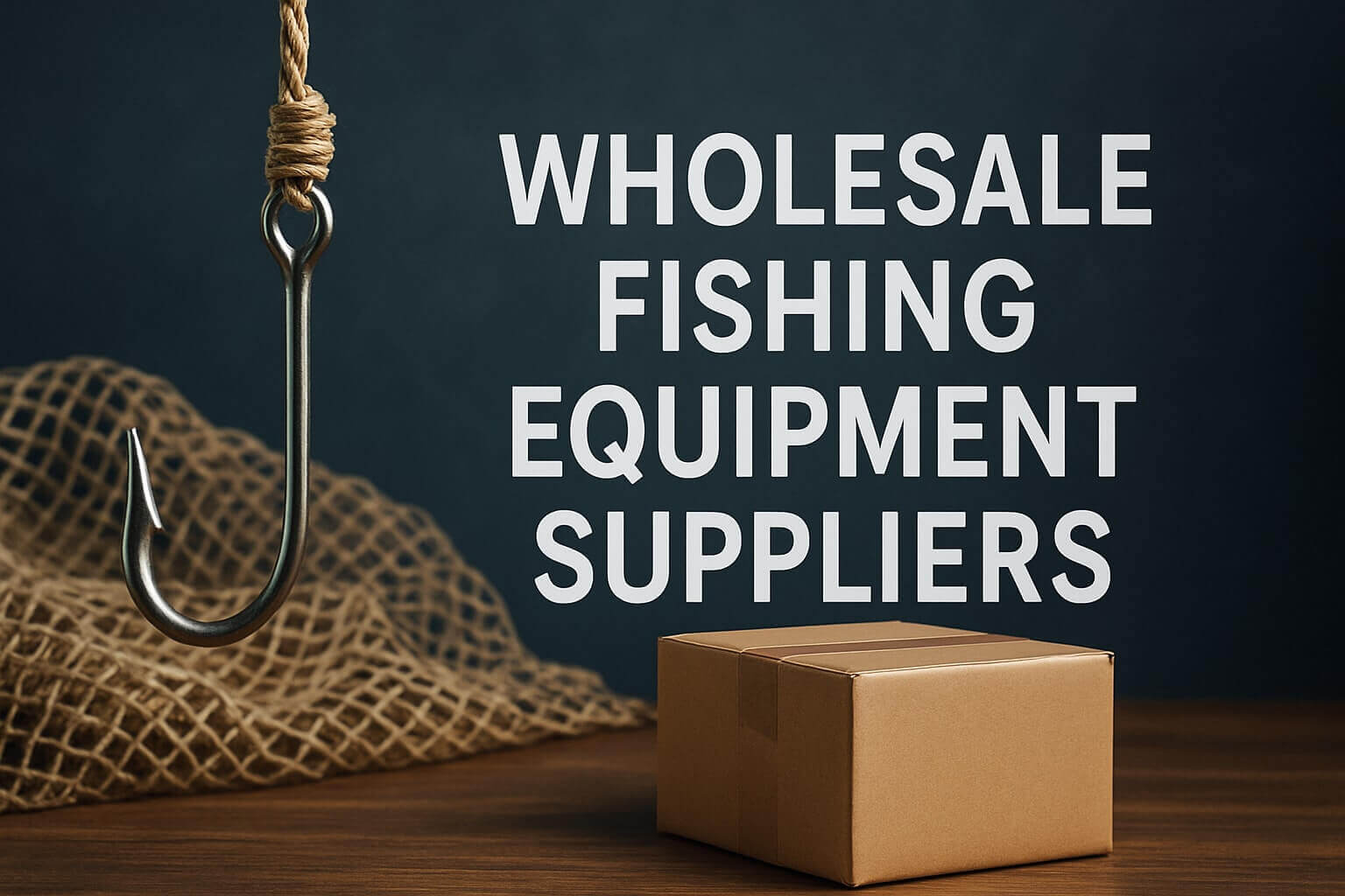 Wholesale Fishing Equipment Suppliers for 2026 with a fishing hook and a cardboard box.