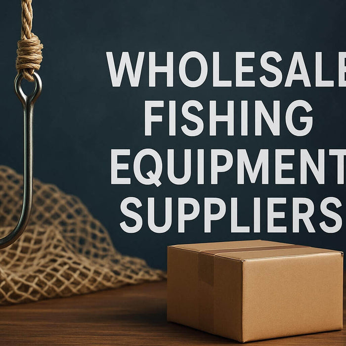 Wholesale Fishing Equipment Suppliers for 2026 with a fishing hook and a cardboard box.
