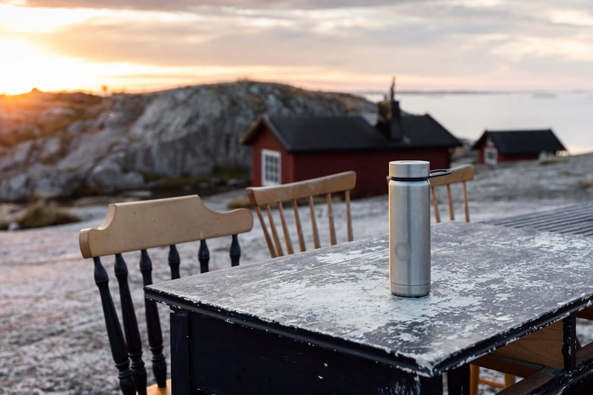 Wallas Nordic DT Diesel Blower Cooker 12V SS with Blower Lid on a table with a scenic background.