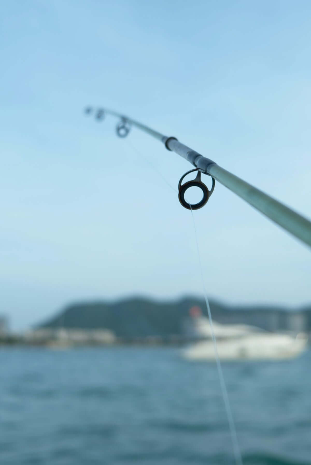 Shark Clip 2.0 fishing accessory 2.0 x 85mm Closed Gap on a fishing rod by the water.