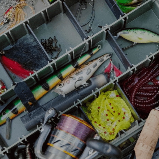 The Essential Nearest Bait and Tackle Shop Guide 2025 showcases assorted fishing lures and tackle in an organized box.