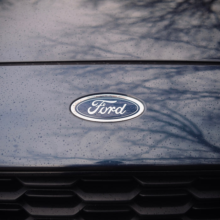 a close up of a ford emblem on a car