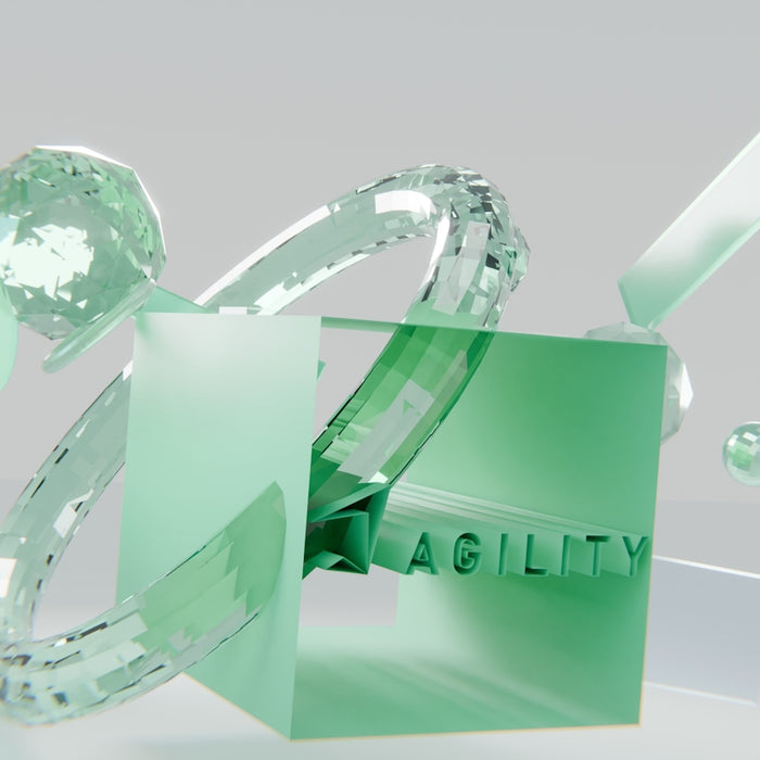 Abstract green and clear glass shapes with agility text