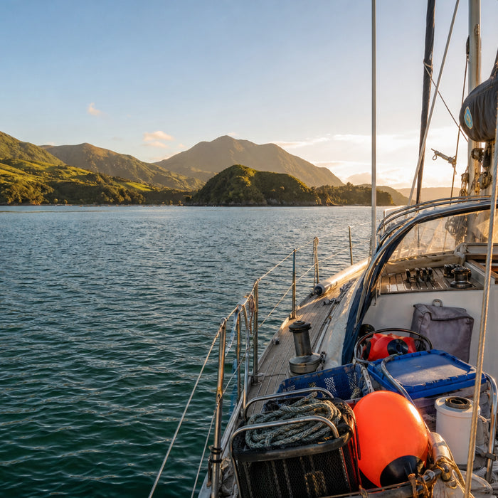Sailing yacht arriving in a scenic New Zealand harbour - TIE Purchase supplies for visiting vessels